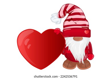 Cute Valentine gnome with heart isolated on white background. Happy Valentines day design. Sweet dwarf in love. Lovely elf holding big love heart. Stock vector illustration