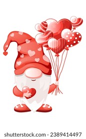 Cute Valentine gnome with heart-shaped balloon Vector illustration for St. Valentine s Day