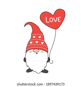 Cute Valentine Gnome. Gnome holds  balloon. Vector illustration in Scandinavian style. Cartoon style. Illustration for greetings, postcard, cards.