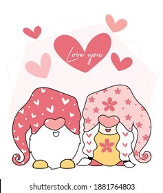 Cute Valentine Gnome love set, with heart balloon, love letter, cartoon flat vector illustration