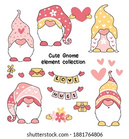 Cute Valentine Gnome in pink and yellow clip art elements set, for greeting card, printable nursery, sublemation