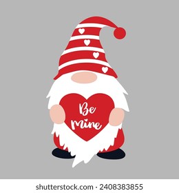 cute Valentine Gnome in red with heart balloon and letter, cartoon flat vector illustration, Be mine saying, Vector files for cricut