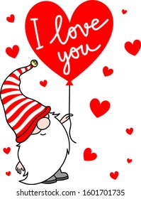 Cute Valentine gnome with a red heart-shaped balloon with the inscription lettering I love you. Vector  hand drawn illustration for St. Valentine's Day gift, card, print, decoration, t-shirt, mug  