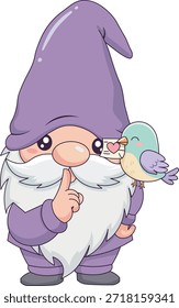 Cute Valentine Gnome with a Tiny Love Bird Friend, 80s Retro Pastel Aesthetic, Romantic Friendship and Love Concept Illustration for Nature Lovers.