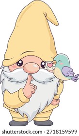 Cute Valentine Gnome with a Tiny Love Bird Friend, 80s Retro Pastel Aesthetic, Romantic Friendship and Love Concept Illustration for Nature Lovers.