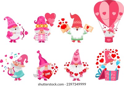 Cute Valentine Gnomes Cartoon Characters. Vector Flat Design Collection Set Isolated On Transparent Background