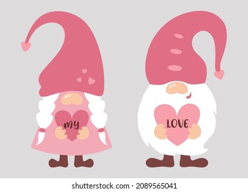 Cute Valentine gnomes couple holds hearts in their hands. Cartoon Valentine's Day set in pastel pink colors. Dwarf Valentines decor. Vector romantic gnomes illustration isolated on grey background.