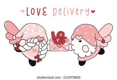 Cute Valentine Gnomes cupid with cupid wings boy and girl holding love letter, love delivery, flat vector cartoon drawing outline clipart