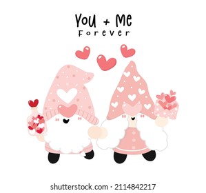 Cute Valentine Gnomes holding hand in love, sweet Valentine Gnome, cartoon flat vector