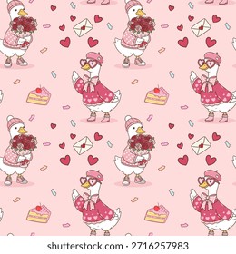Lindo ganso de San Valentín patrón sin fisuras con gansos adorables que sostienen rosas corazones cartas de amor y postres dulces sobre fondo rosa suave