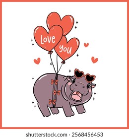 Cute Valentine Grumpy Baby Pygmy Hippo Floated by Heart Balloons Hand Drawn Cartoon Character 