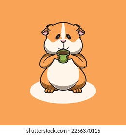 cute valentine guinea pig drinking hot chocolate cartoon illustration