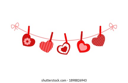 Corazón de San Valentín lindo colgado de la cuerda en las cortinas. Decoración para tarjetas de felicitación, banners, invitaciones. Ilustración plana vectorial.