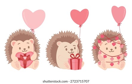 Cute Valentine Hedgehogs Set with Balloons, Heart Garland and Gifts. Cute Valentines Day illustration set with loving hedgehogs holding gifts, heart shaped balloons and heart light garland. Perfect for banners, greeting cards, invitations and romantic promotions.