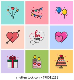 Cute valentine icon - Heart, gift, cake and celebration very cute icon or logo pack. Vector illustration.