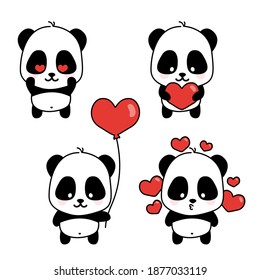 Cute Valentine icon set with panda heart