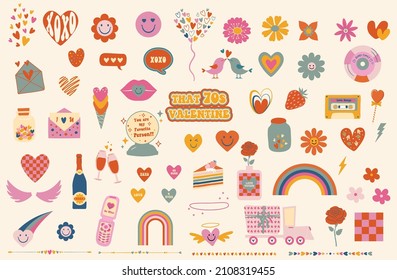 Cute Valentine Icons And Elements Set. Hand Drawn Illustrations In 70s Retro Style Vintage Concept.