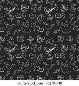 cute valentine icons in seamless pattern with hand drawn style on chalkboard background