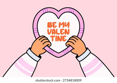 Ilustração de dia dos namorados bonito com as mãos segurando um coração com ser meu texto de dia dos namorados perfeito para cartões de amor, temas de romance, promoções de dia dos namorados e designs de mídia social