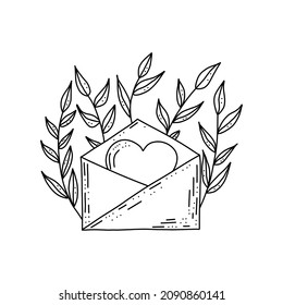 Cute valentine illustration on white background. Heart in open envelope in doodle style. Plant around envelope.