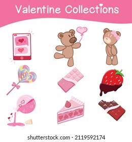 Cute valentine item collections. Colourful vector illustration in cartoon style.