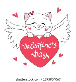 Cute valentine kitten holding a heart with the inscription on a white background isolated. valentine's Day card