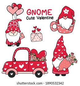 Cute Valentine love gnome in red hat collection, cartoon doodle flat vector clip art