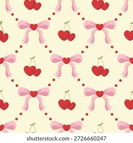 Lindo patrón de amor de San Valentín con corazones, cerezas y cintas, perfecto para proyectos de diseño romántico y dulce.