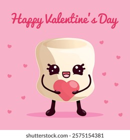  Cute valentine with marshmallows in kawaii style for Valentine's Day. Vector illustration of a funny marshmallow with a pink heart.