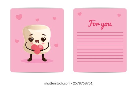 Cute valentine with marshmallows in kawaii style for Valentine's Day. Vector illustration with adding your own text	