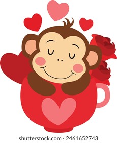 Cute valentine monkey inside red love cup