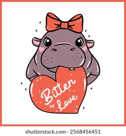 Cute Valentine Moo Deng Baby Pygmy Hippo bite red Heart Hand Drawn Cartoon Character 