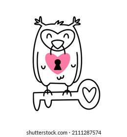 A cute valentine owl holds a heart shaped padlock and seats on the key. 