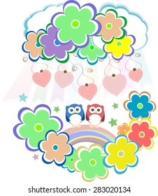Cute valentine owls, birds, flowers and love hearts vector