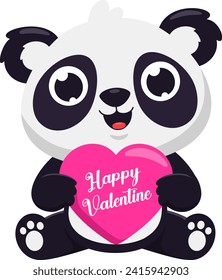 Cute Valentine Panda Bear Cartoon Character Holding A Heart With Text. Vector Illustration Flat Design Isolated On Transparent Background