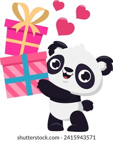 Cute Valentine Panda Bear Cartoon Character Holding Up Gift Boxes With Pink Hearts. Vector Illustration Flat Design Isolated On Transparent Background