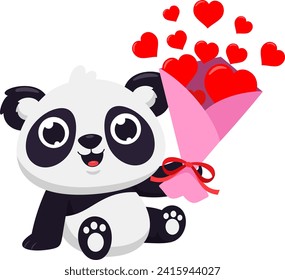 Cute Valentine Panda Bear Cartoon Character Holding Gift Bouquet With Red Hearts. Vector Illustration Flat Design Isolated On Transparent Background