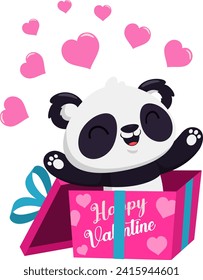 Cute Valentine Panda Bear Cartoon Character Exit From Gift Box With Pink Hearts. Vector Illustration Flat Design Isolated On Transparent Background