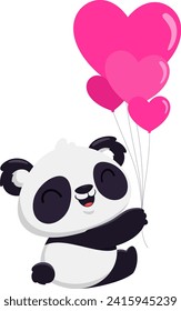 Cute Valentine Panda Bear Cartoon Character Holding Hearts Balloons. Vector Illustration Flat Design Isolated On Transparent Background