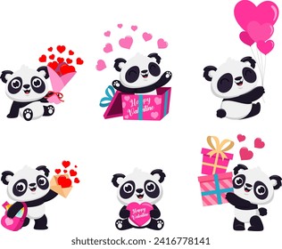 Personaje De Caricatura De Valentine Panda. Colección De Diseño Plano Vector Aislada En Fondo Transparente