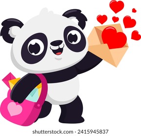 Cute Valentine Panda Bear Postman Cartoon Character With Love Letters. Vector Illustration Flat Design Isolated On Transparent Background