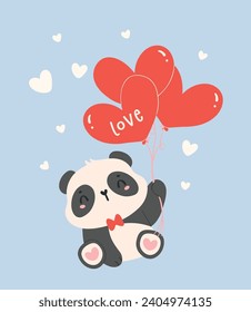 Cute San Valentín Panda con globos cardíacos Animación de dibujos animados Mano dibujada Ilustración.