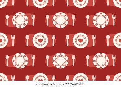 Lindo patrón de San Valentín con placas de corazón y cuchara tenedor conjunto. Ideal para temas gastronómicos, comidas románticas, marcas de cocina, empaques y diseños de estilo de vida festivo.