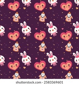 Cute Valentine Pattern with Hearts, Bunnies, and Snowmen on Purple Background