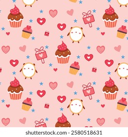 Cute Valentine Pattern with Hearts, Cupcakes, Flowers, and Cartoon Characters