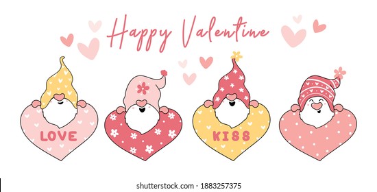 cute Valentine pink Gnome with heart, love, kiss collection, cartoon outline vector 