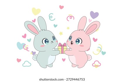 Süße Valentine Kaninchen Paar Austausch Geschenke Vektorgrafik
