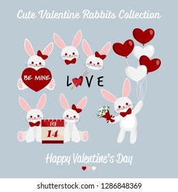 Cute valentine rabbits collection of cute rabbits couple with calendar February 14, Flower bouquet and heart shape balloons, red heart with Be mine text and red hearts with arrow in Love text.