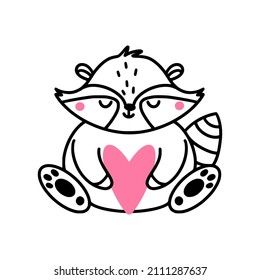 A cute valentine raccoon holds a heart symbol.