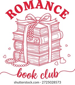 bonito design de leitura de namorados com uma pilha alta de romances amarrados com um grande arco e pérolas drapeadas cercado por corações minúsculos com a frase romance clube de livro em script misto e letras de bloco perfeito para clubes de livros leitores de livros bibliotecários e acolhedor camisas de namorados totes e canecas